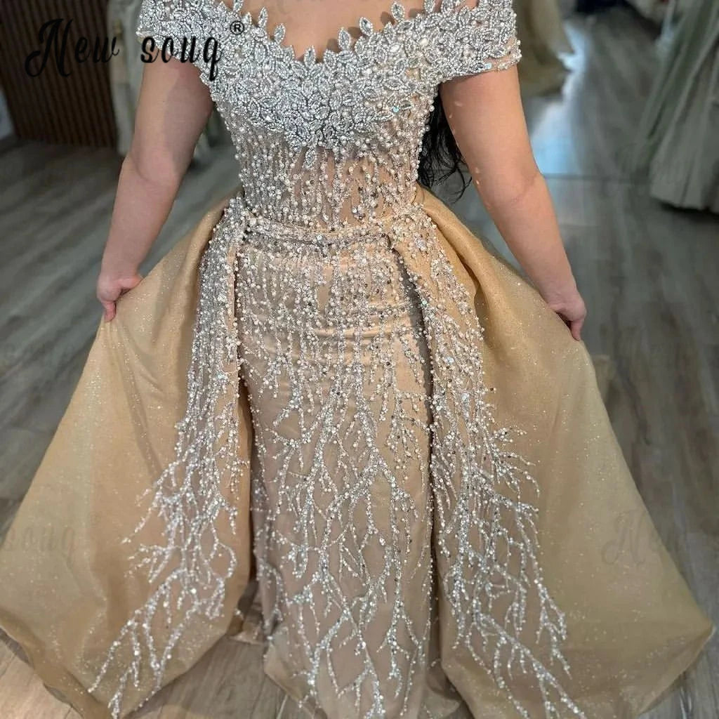 Vintage Gold Two Pieces Diamond Evening Dress With Overskirt Off Shoulder Beaded Lace Wedding Party Gown Formal Dress Customized