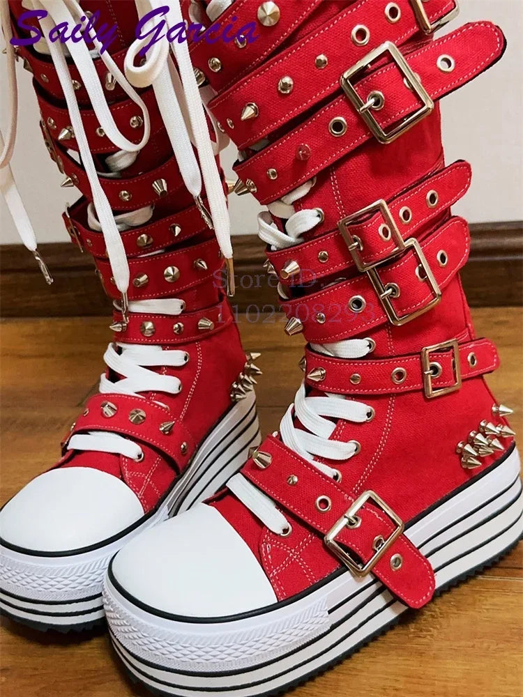 Festival Rave Orange Platform Boots Punk Rivet Buckle Straps Knee High Boots 2026 Fashion Thick Sole Women Shoes Party Footwear
