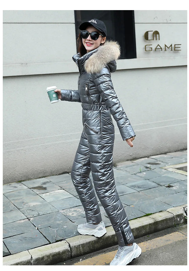 Jumpsuits One Piece Ski Suit Winter Thicken Snow Place Down Cotton Women Suits Warm Hooded Waist Slim Shiny Outdoor Sports