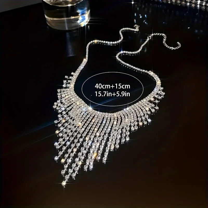 Crystal Tassel Necklace For Women Shiny Geometric Rhinestone Chain Choker Necklace For Dress Nightclub Jazz Dance Jewelry