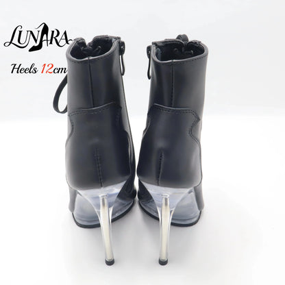 12cm/5Inch Plus size Beige PU Leather Lace-up Side zipper Peep toe High Stilettos Ankle boot Pole dancing Nightclub Rave Parties