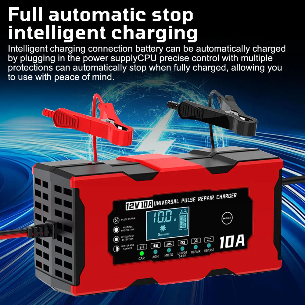 Car Battery Charger Intelligent Smart Battery Charging Universal 12V 10A/6A Fast Power Charging Pulse Repair Tools For SUV Motorcycle Truck RV