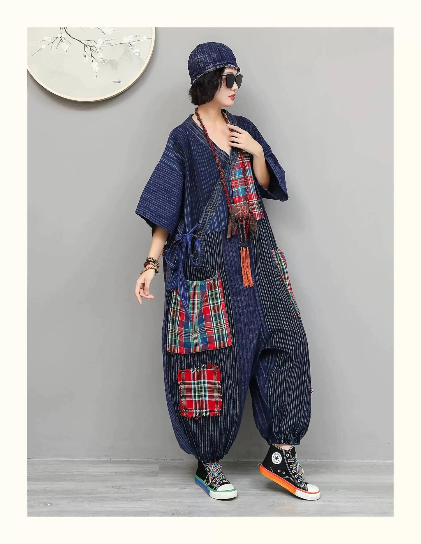 Women Plaid Jumpsuit Loose Wide Legs Short Sleeves Diagonal Buttons Straps Jumpsuit LX6229