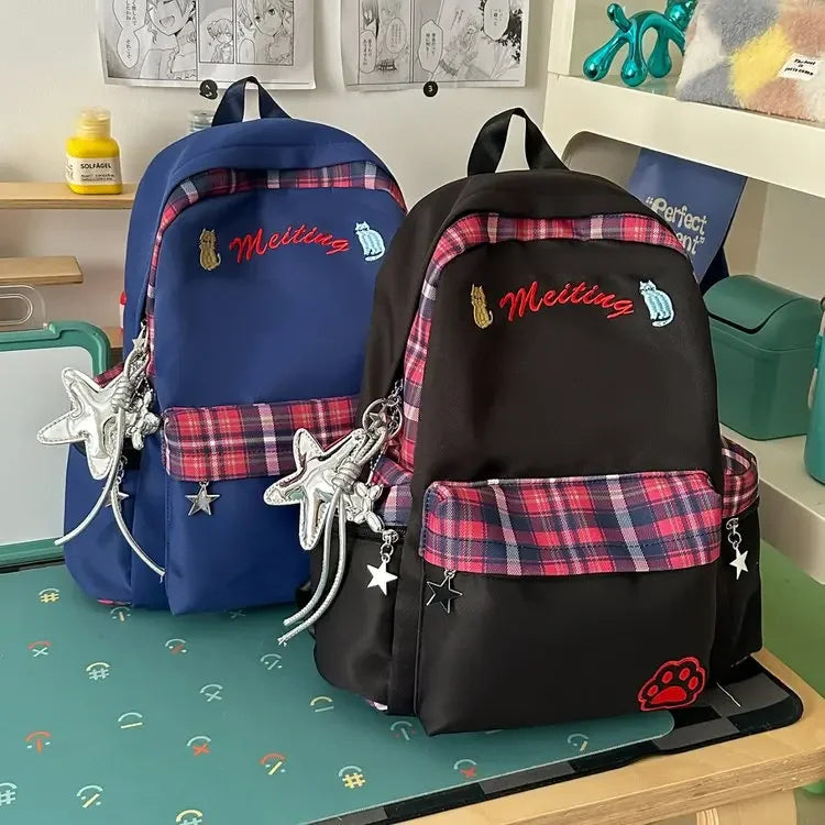 Preppy Style Blue Backpack for Girls, Plaid Spliced School Bag, Cute Nylon Daypack Star Pendant, Large Capacity Student Rucksack