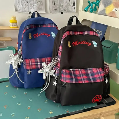 Preppy Style Blue Backpack for Girls, Plaid Spliced School Bag, Cute Nylon Daypack Star Pendant, Large Capacity Student Rucksack