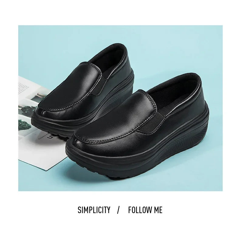 EOFK Women Moccasions Walking Shoes For Work Soft Wedges Platform Loafers Female Black Swing Slip On Casual Non Slip Female Shoe