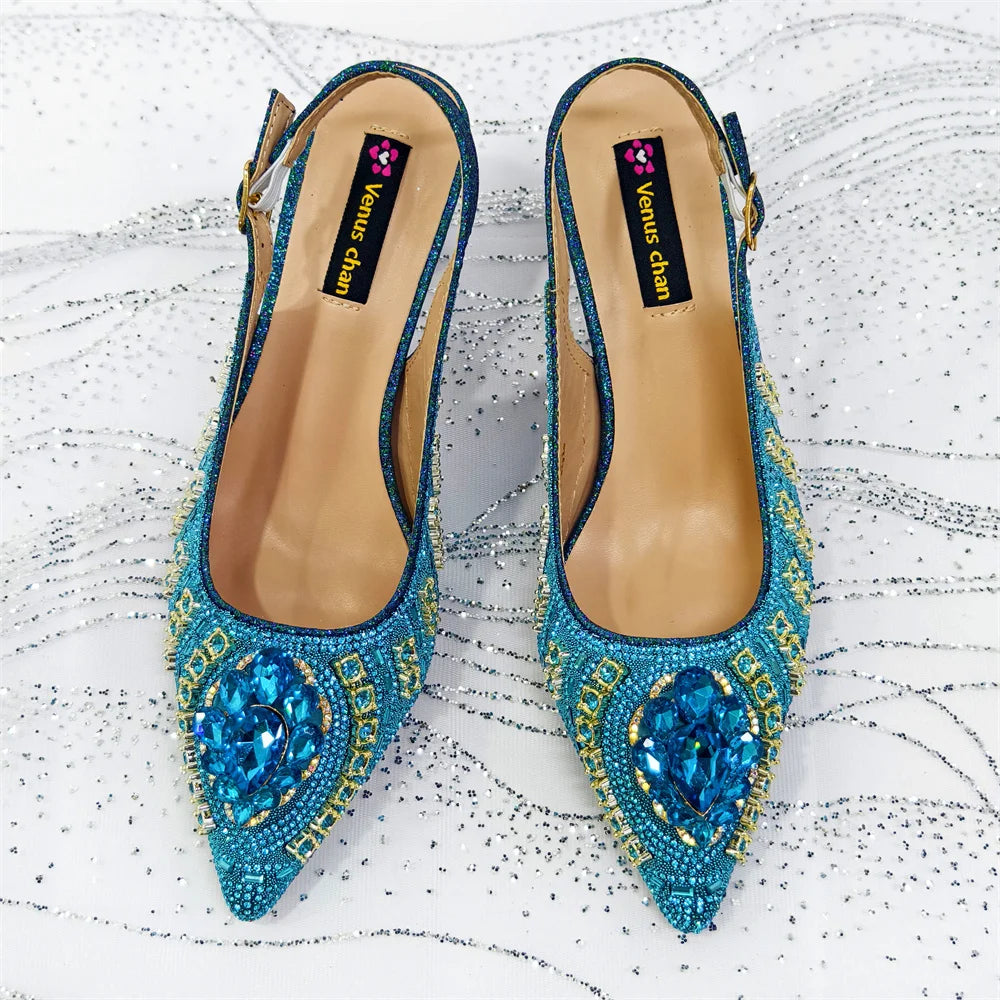 New Arrival Fashion Rhinestone Design Dreamy Color Pointed Toe Women High Heels and Bag Set For Party Wedding or Work
