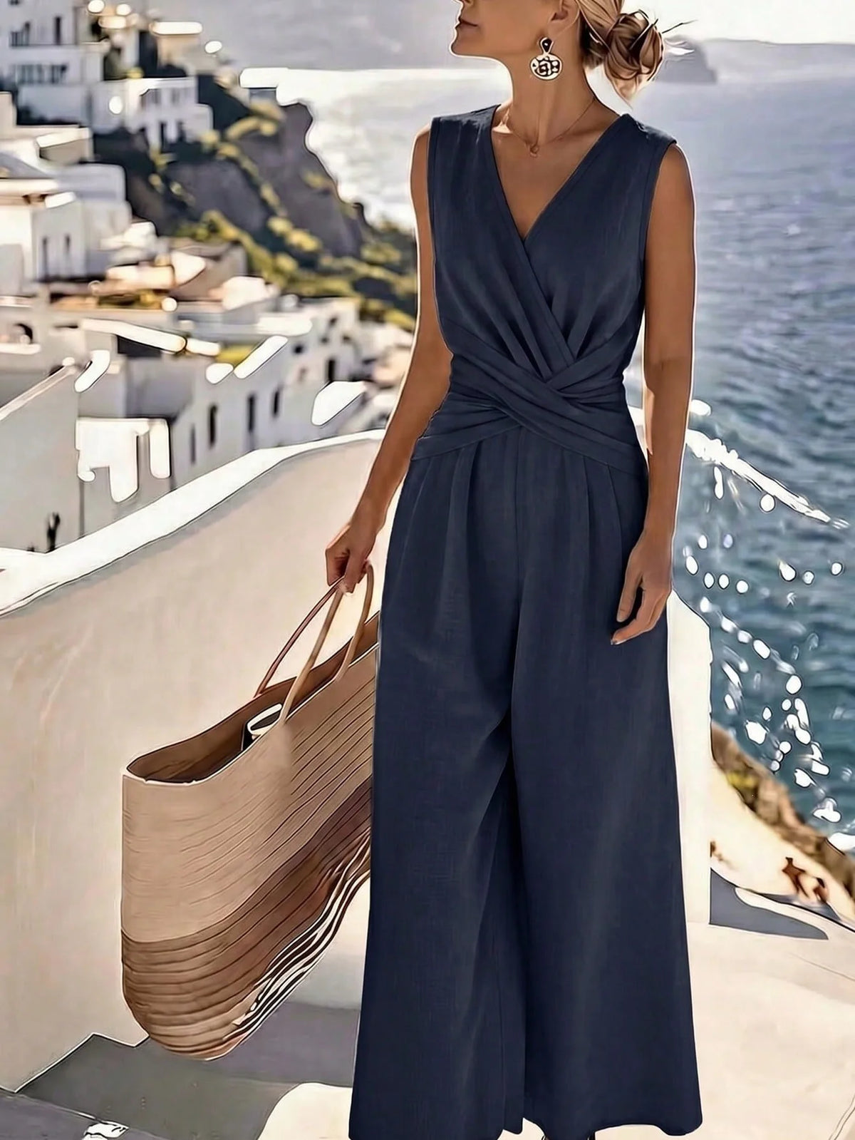 Fashion Light Blue Wide Leg Pants Jumpsuit Women's V-neck Sleeveless Cross Wrap Waist Design Rompers Summer Casual Jumpsuits