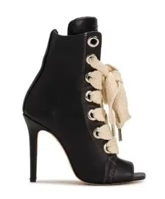 Red White Matte Leather Cross Tied Lace Up Ankle Boots Peep Toe Big Gold Silver Metallic Braided Straps High Heel Booties Shoes
