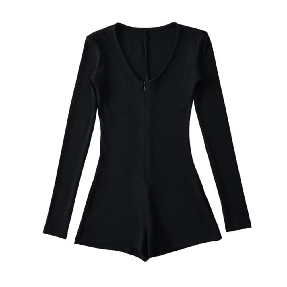 Womens Yoga Long Sleeve Jumpsuits Slim Fit Stretch One Piece Shorts Playsuits Romper Sexy Fitness Low Neck Zipper Sportwear