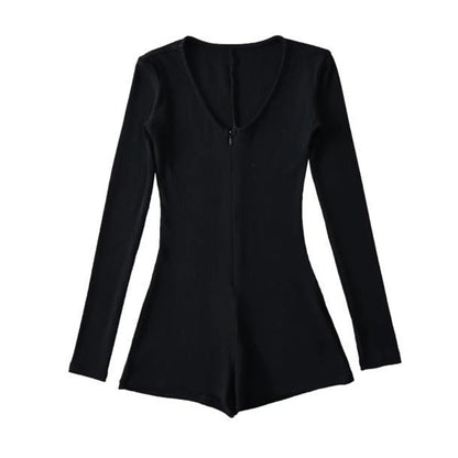 Womens Yoga Long Sleeve Jumpsuits Slim Fit Stretch One Piece Shorts Playsuits Romper Sexy Fitness Low Neck Zipper Sportwear
