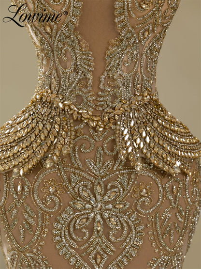 Sparkly Gold Long Prom Dresses Beaded Birthday Party Dresses African Evening Gown With Crystals Robe De Customized 2026 Robes