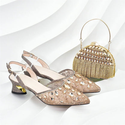New Arrival African Wedding Shoes and Bag Set with Rhinestone Italian Design Shoes with Matching Bags Nigerian Lady Party Pumps