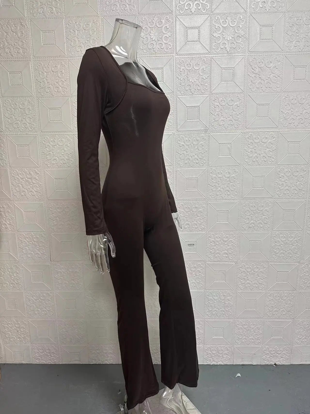 Foreign Trade Women's Long Sleeved Waist Cinching and Waist Lifting Square Collar Wide Leg High Elastic Jumpsuit