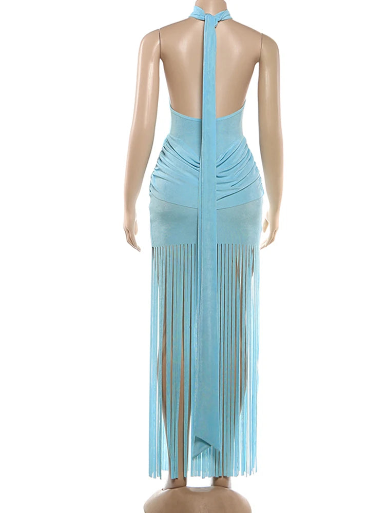 Weird Puss Halter Turtleneck Dress Women Velvet Ruched Patchwork Tassel Hem Elegant Sexy Backless Valentine's Day Party Bodycon