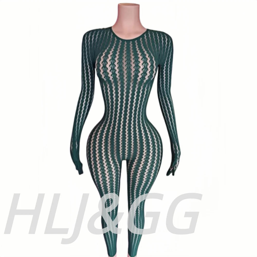 HLJ&GG Sexy Mesh Stretchy See Though Bodycon Jumpsuits Women Round Neck Long Sleeve Slim Playsuits Fashion Print Overalls 2025