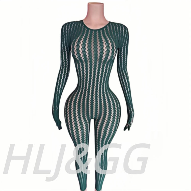 HLJ&GG Sexy Mesh Stretchy See Though Bodycon Jumpsuits Women Round Neck Long Sleeve Slim Playsuits Fashion Print Overalls 2025