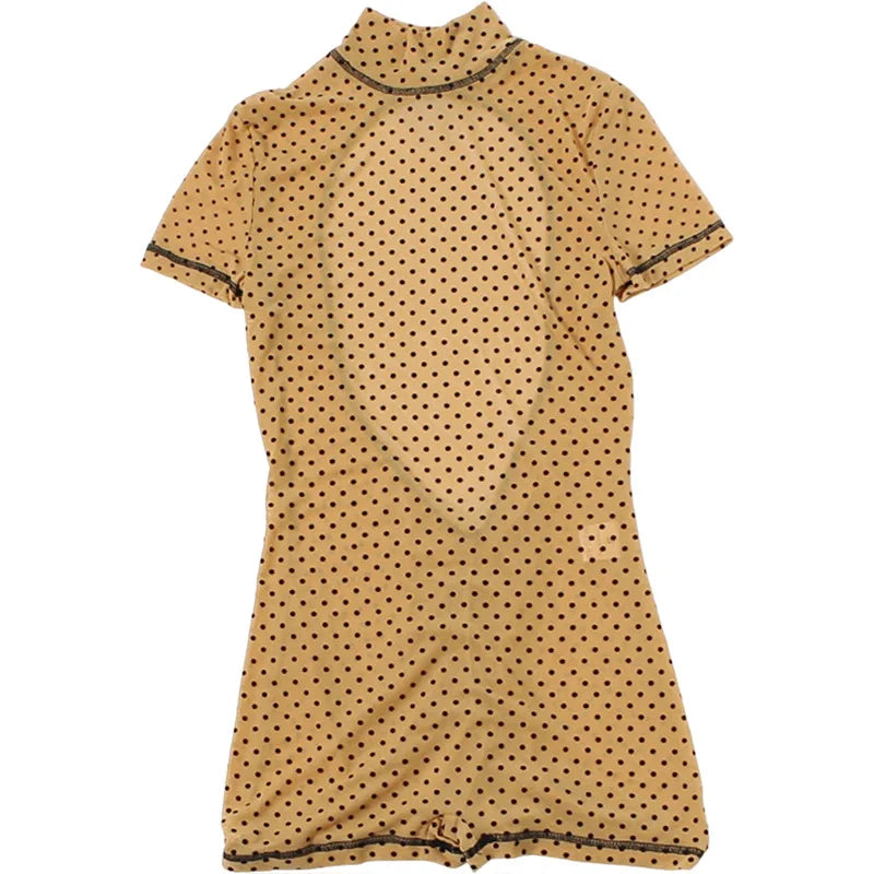FAGADOER Khaki Polka Dot Bodycon Shorts Romper Women Stand Collar Back Hollow Out Skinny Jumpsuits Mesh See Through Playsuit