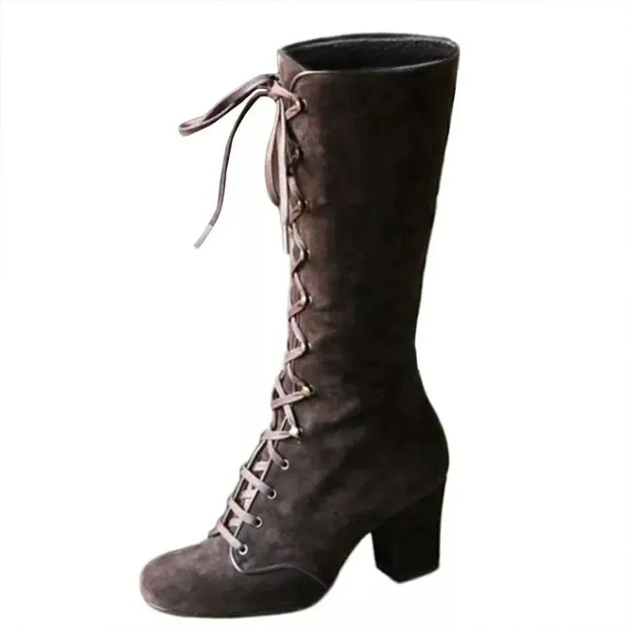 2024 Medieval Women's Casual Riding Boots Winter Lace Up Suede Long Tube Knight Boot Female High Heel Cowboy Shoes Mid-Calf Sexy
