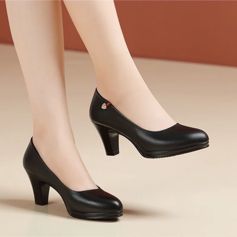 Women Classic Black Pu Leather High Quality Heel Shoes Sapatos Femininas Lady Fashion Beige Comfort European Stylish Pumps A24