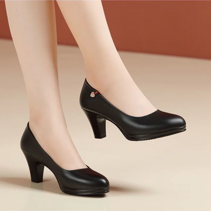 Women Classic Black Pu Leather High Quality Heel Shoes Sapatos Femininas Lady Fashion Beige Comfort European Stylish Pumps A24