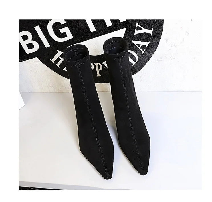BIGTREE Shoes High Heel Boots Suede Women Ankle Boots Pointed Toe Socks Boots Thick Heel Women Shoes Warm Winter Boots Size 43