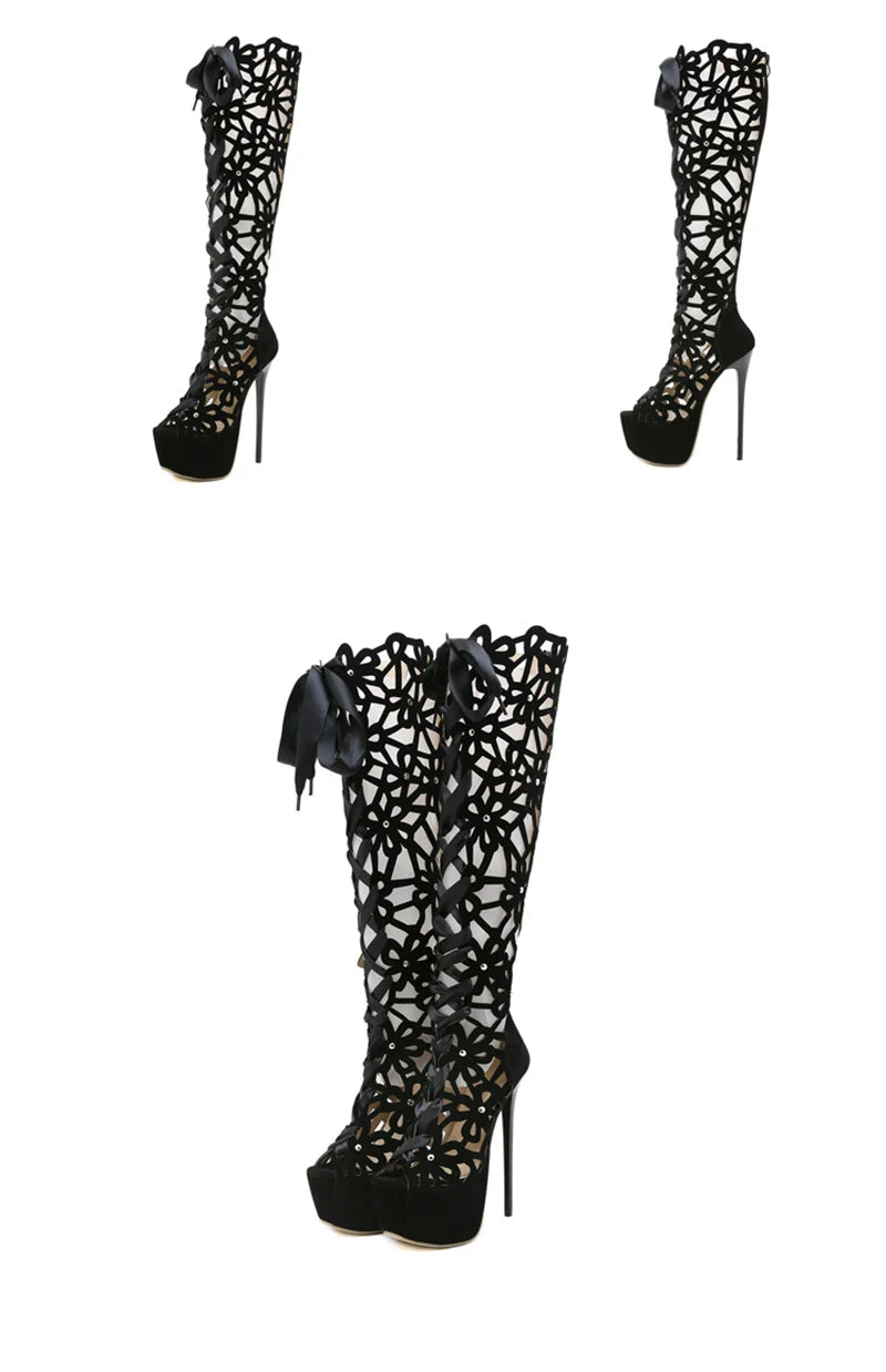 16CM Ultra Thin High Heels Sexy Nightclub Hollow Out Over The Knee Boots Women Peep Toe Lace-Up Zip Platform Shoes Sandals