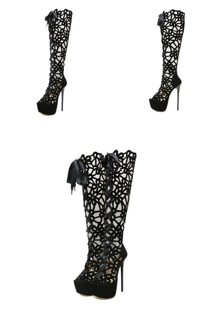 16CM Ultra Thin High Heels Sexy Nightclub Hollow Out Over The Knee Boots Women Peep Toe Lace-Up Zip Platform Shoes Sandals