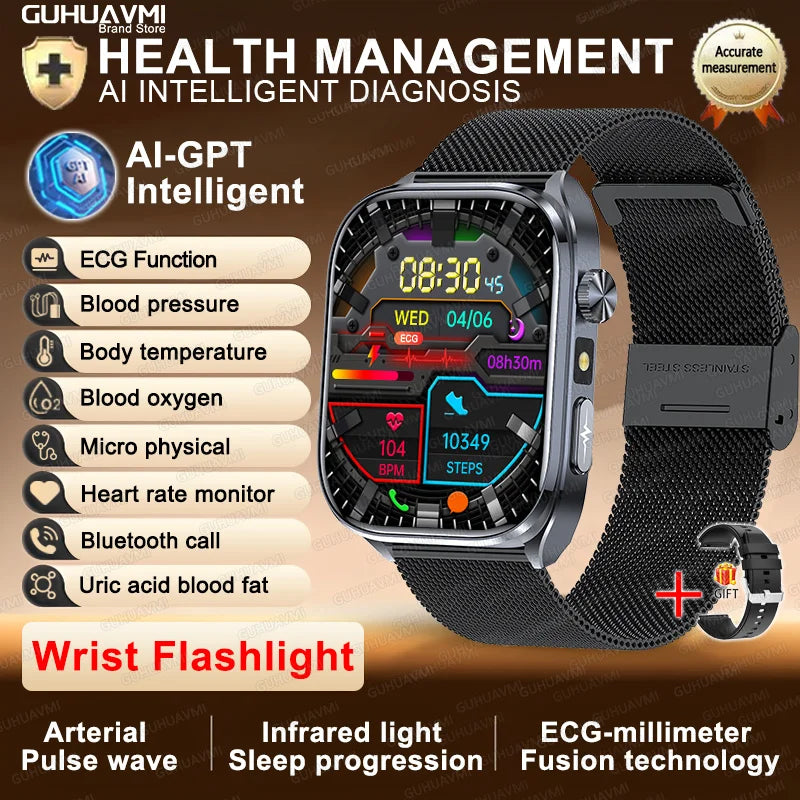 2026New ECG+PPG Clock Health Trackr 2.0 inch Uric Acid Blood lipids Pressure Smart Watch Body Analysis Voice call Smartwatch Men