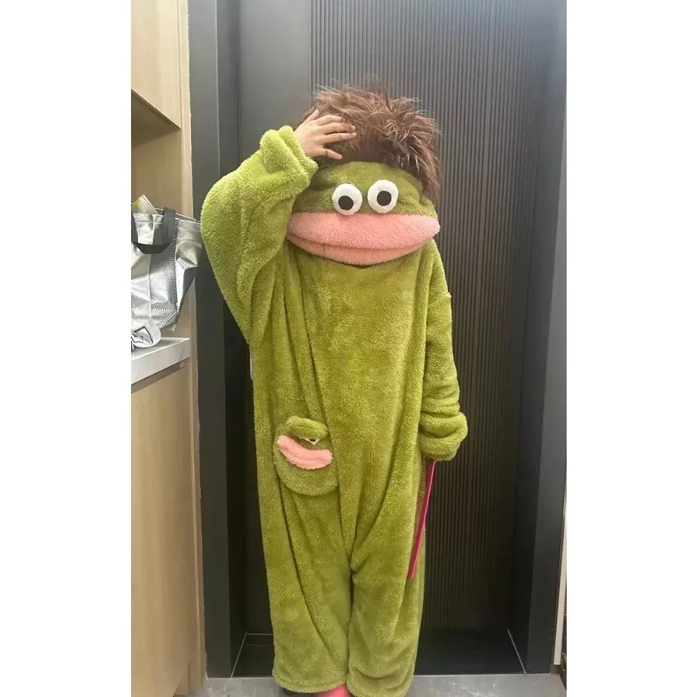 Cute Big Mouth Monster Onesie Pajamas Thick Coral Fleece Homewear Funny Couple Sleepwear for Men Women Autumn Winter Lounge Wear