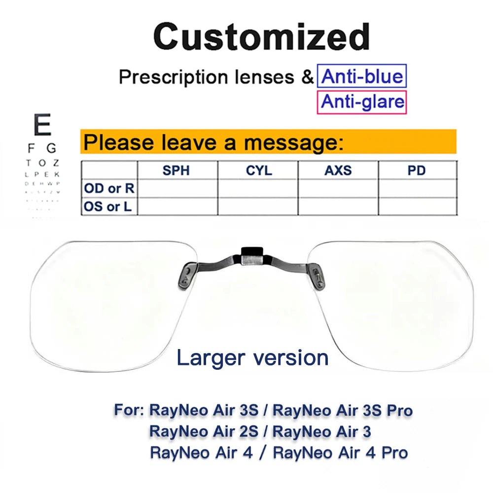 For RayNeo Air 4/Air 4 Pro/Air3S Pro/Air3/3S/Air 2S Smart Glasses Lens Custom Myopia and Hyperopia Anti-Blue Anti-glare Lenses