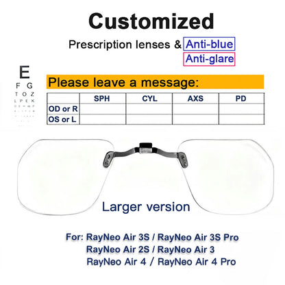 For RayNeo Air 4/Air 4 Pro/Air3S Pro/Air3/3S/Air 2S Smart Glasses Lens Custom Myopia and Hyperopia Anti-Blue Anti-glare Lenses