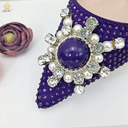 QSGFC 2023 New Fashion Purple Sandals Sequins Rhinestone Point Toe High Heels Slingback Women's Dress Women's Shoes & Bag Set