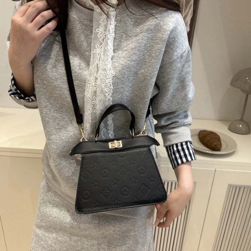 Fashion Embossed Top Handle Bags for Women,Metal Turn Lock Handbag, Adjustable Crossbody Strap,versatile Purse for Daily Outings