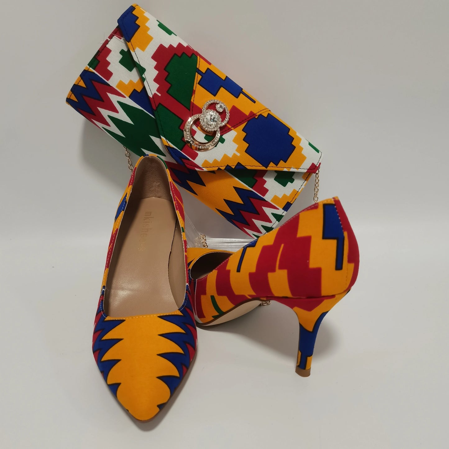 African Women Block Heels Shoes With Match Purse Bag Ankara Material Nigeria Design Pointed Toe Shoes and Bags Set High Quality