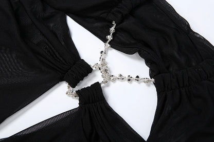 Nibber Prom Party Gown Dress Woman Sexy See Through Luxury Chain Halter Low-Neck Backless Sleeveless Midnight Elegant Vestidos