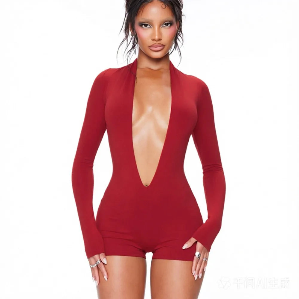 FLARORA Sexy Deep V Neck Slim Rompers Woman Solid Color Full Sleeve Stretch Skinny Peach Hip Playsuits Hot Girl Party Clubwear