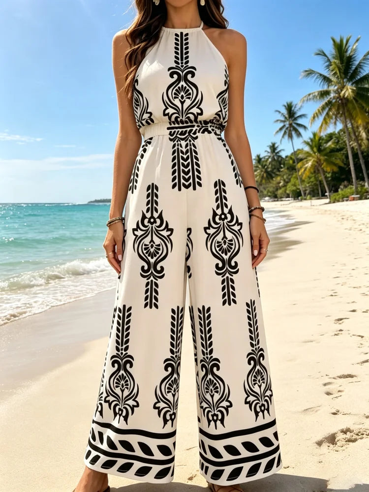 New Trendy Women's One-Piece Pants, with Loose Leg Design, lightweight and Smooth Fabric, High Elasticity Waistband, Black and White Retro Ethnic Print, American Size, Shipped from the US Warehouse, Fast Delivery, Bohemian St