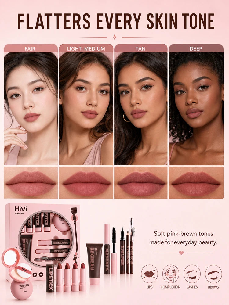 9PCS Makeup Gift Set for Women, All-in-One Lipstick Mascara Eyeliner BB Cream Powder Compact, Travel Beauty Kit for Beginners