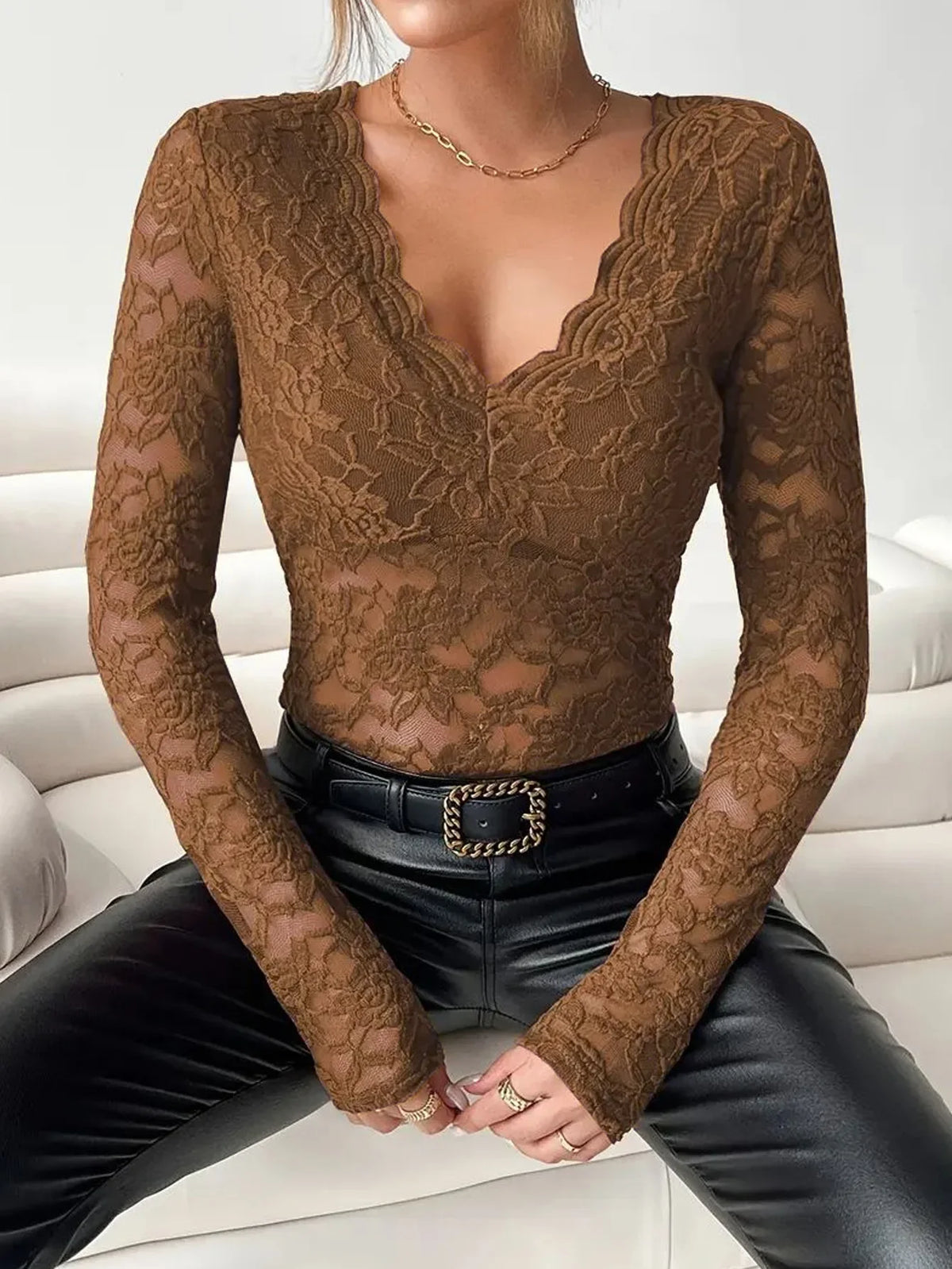 Women Lace V Neck Long Sleeve Sheer Mesh Floral Lace Top Slim Fit See Through Bodycon Jumpsuit for Party Clubwear Daily Wear