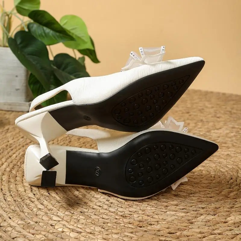 Luxury Mesh Bowknot High Heel Slingback Pumps Women Summer 2026 Brand Design White Sandals Plus Size Woman Elegant Wedding Shoes