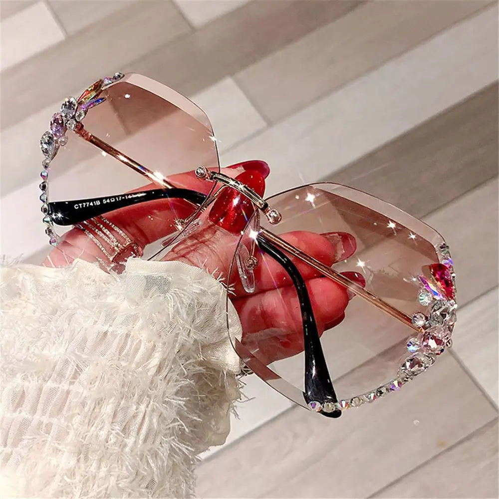 Vintage Cutting Lens UV400 Women Sun Glasses Gradient Rimless Sunglasses Rhinestone Sunglasses