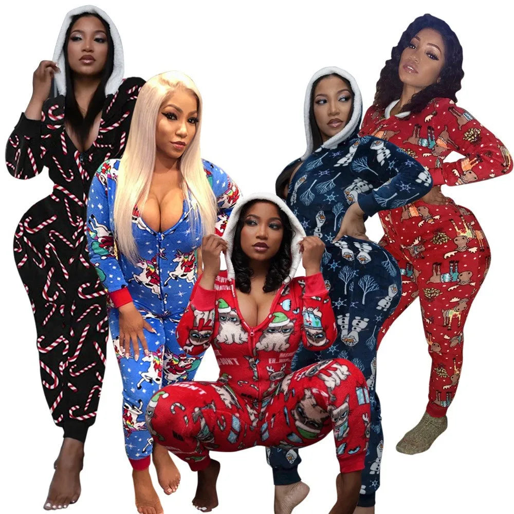 2024 Autumn Fashion Christmas New Women's jumpsuit Loose Elastic Elegant Stripe Fun Zipper Christmas Home Hoodie jumpsuit