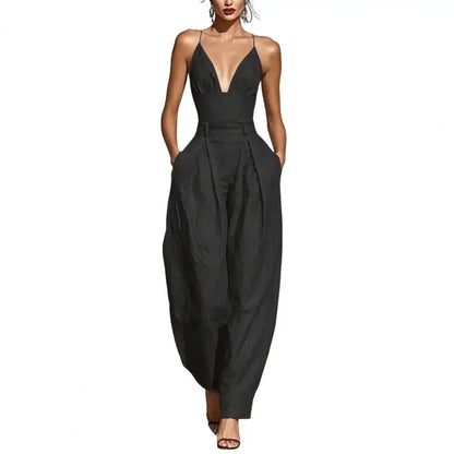 Elegant Sexy V-Neck Spaghetti Strap Jumpsuit Women High Waist Wide Leg Casual Romper Spring Boho Solid Backless Pockets Overalls
