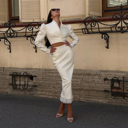 White Women's mesh two piece set Puff Sleeve V Neck blazer two piece dress set Daily Commuter Party  Outfit 2026 Summer Style