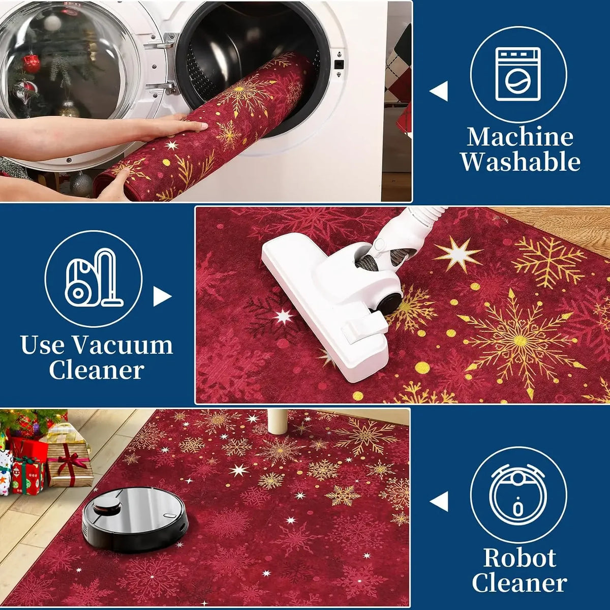 Garvee Christmas Washable Area Rug Xmas Area Rugs Non-Slip Soft Soft Fabric Blue Carpet with Snowflake Design, Low Pile, Durable, Pet Friendly for Holiday Home Decor