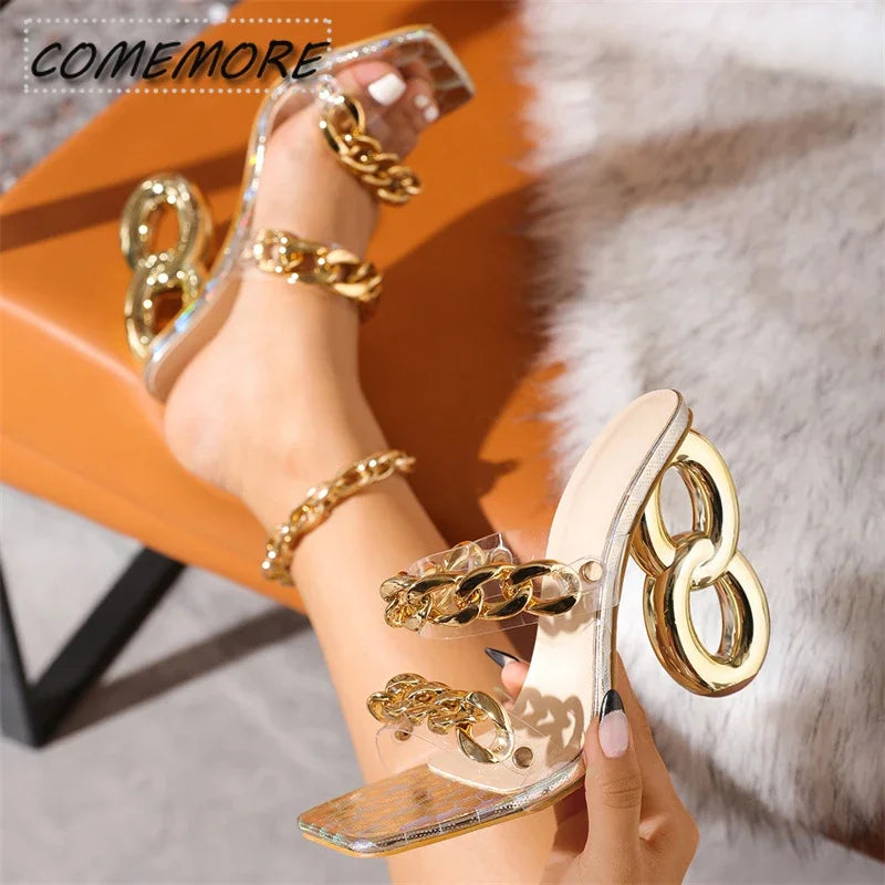 New Style Luxury Fashion Strange Fretwork Heels Slippers PVC Transparent Shoes Women's Slides Fashion Metal Chain Summer Sandals