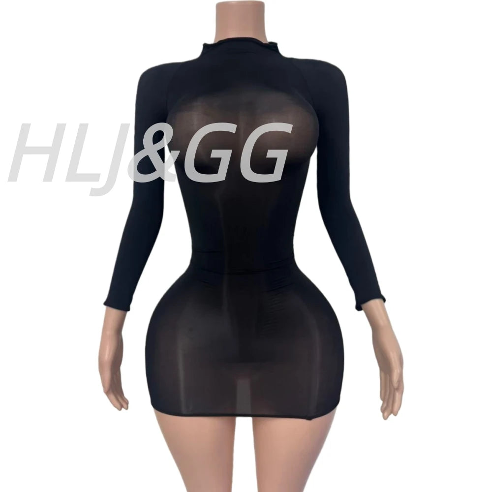 HLJ&GG Sexy Mesh See Through Bodycon One Piece Jumpsuits Women O Neck Long Sleeve Stretchy Overall Lady Party Clubwear Playsuits