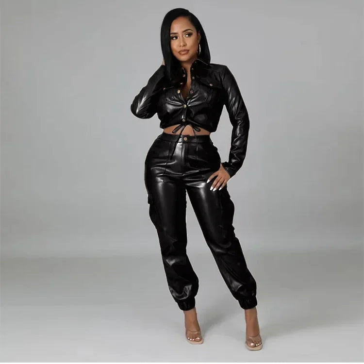 Women Jacket Sets 2 Piece Long Sleeved Slim PU Leather Gripped Pants Set Solid Zipper Fly Pencil Pants Slim Fit High Street Suit