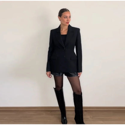 Elegant Shoulder Pad Slim Suit Jackets Women Solid Lapel Long Sleeved Jacket Female 2025 Spring Chic Daily Style Outwears Tops